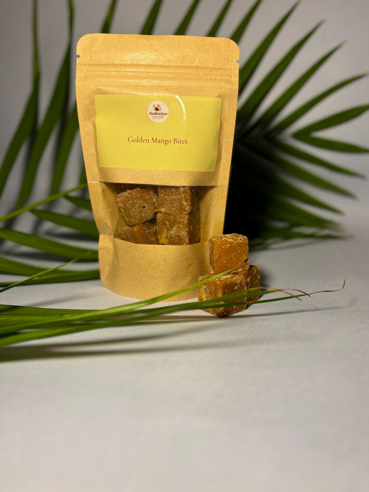 Golden Mango Bites – A naturally sweet and tangy treat made from real sun-dried mango and jaggery.