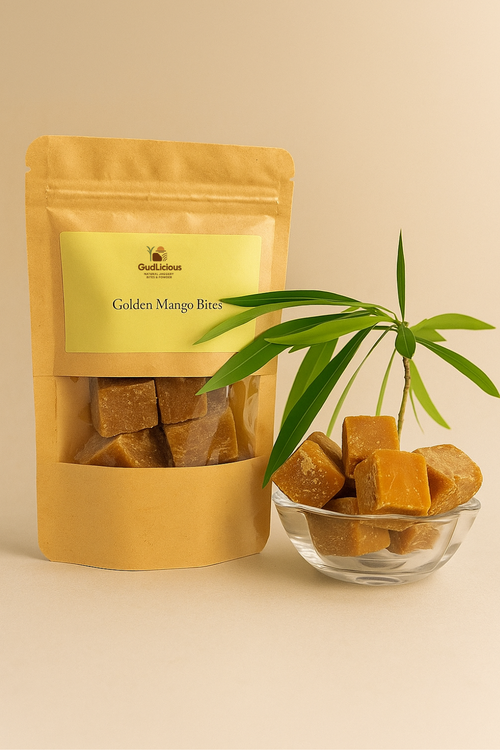 Golden Mango Bites – A naturally sweet and tangy treat made from real sun-dried mango and jaggery.